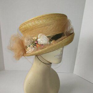 MARZI Firenze Natural Straw Hat Hand Made In Italy w/Flowers & Tulle Trim